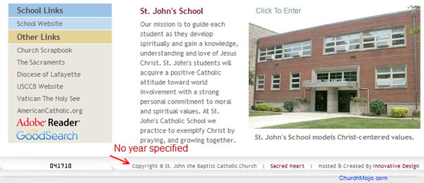StJohnsTipton.com doesn't use a year in its copyright notice.